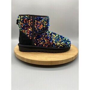 UGG Boots Womens Size 6 Black Leather Pull On Rainbow Sequin Shearling 1112515